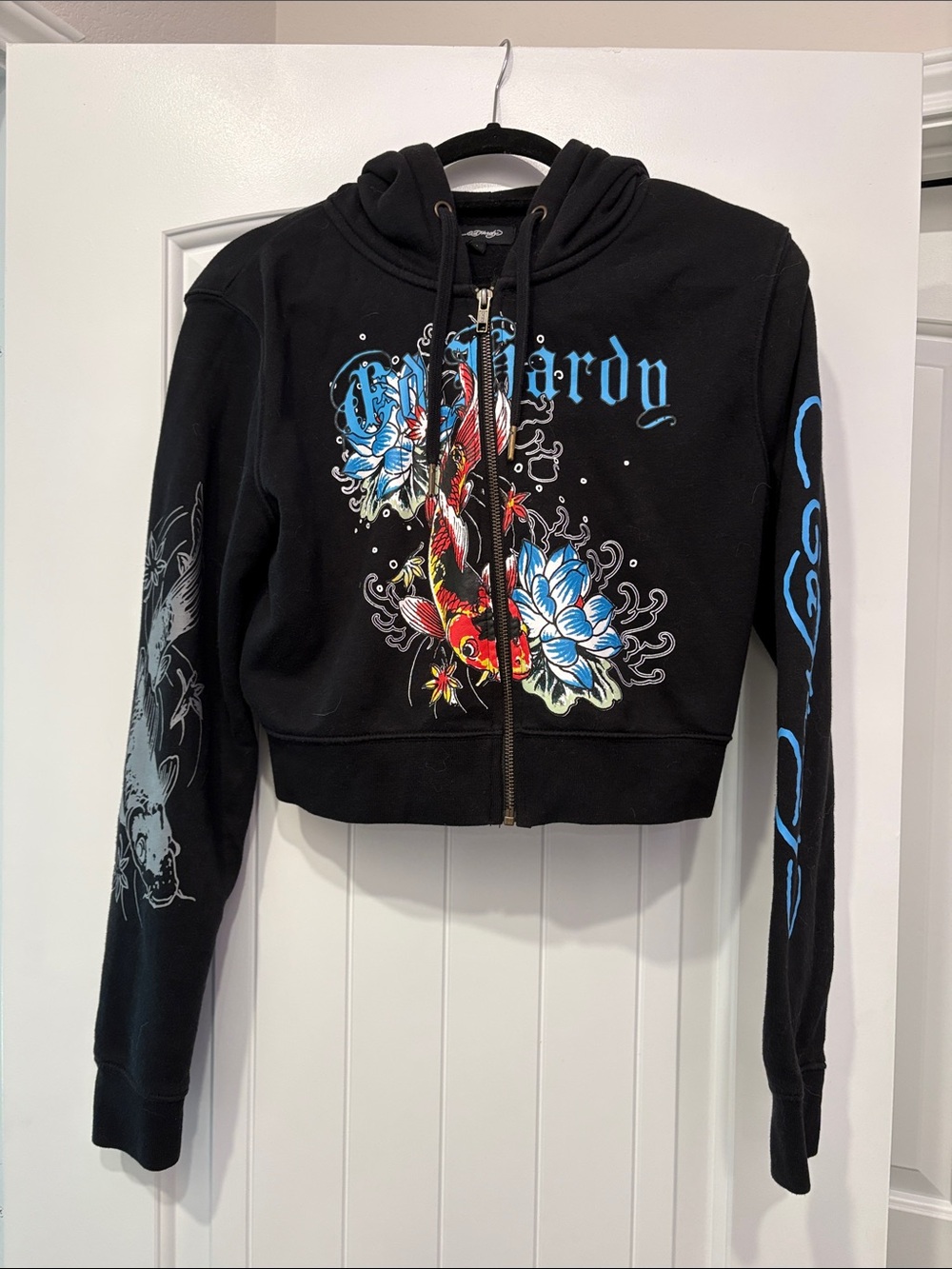 Ed Hardy Black Zip Hoodie with Red, Blue and Yellow Floral Koi Graphic